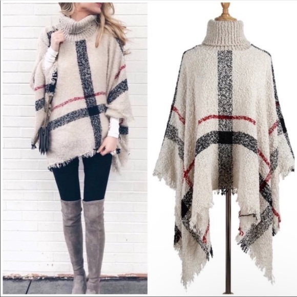 Plaid Turtleneck Fringe Women Poncho - Picture 5 of 5